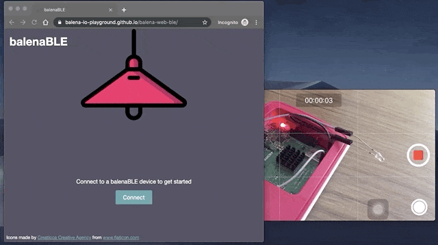 Here's a GIF of balenaBLE at work, turning the LED on and off, and sending device data to balenaCloud.