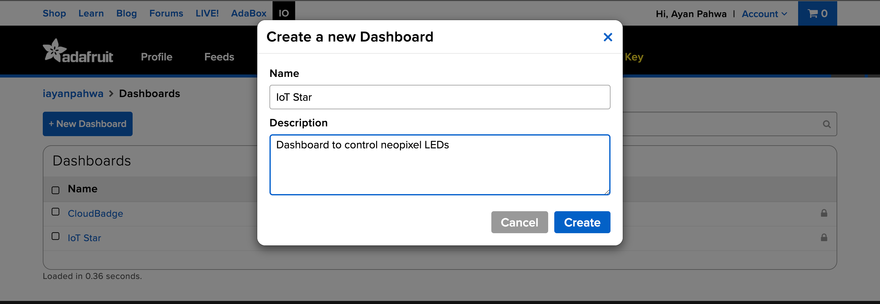 Create a new dashboard in adafruitio