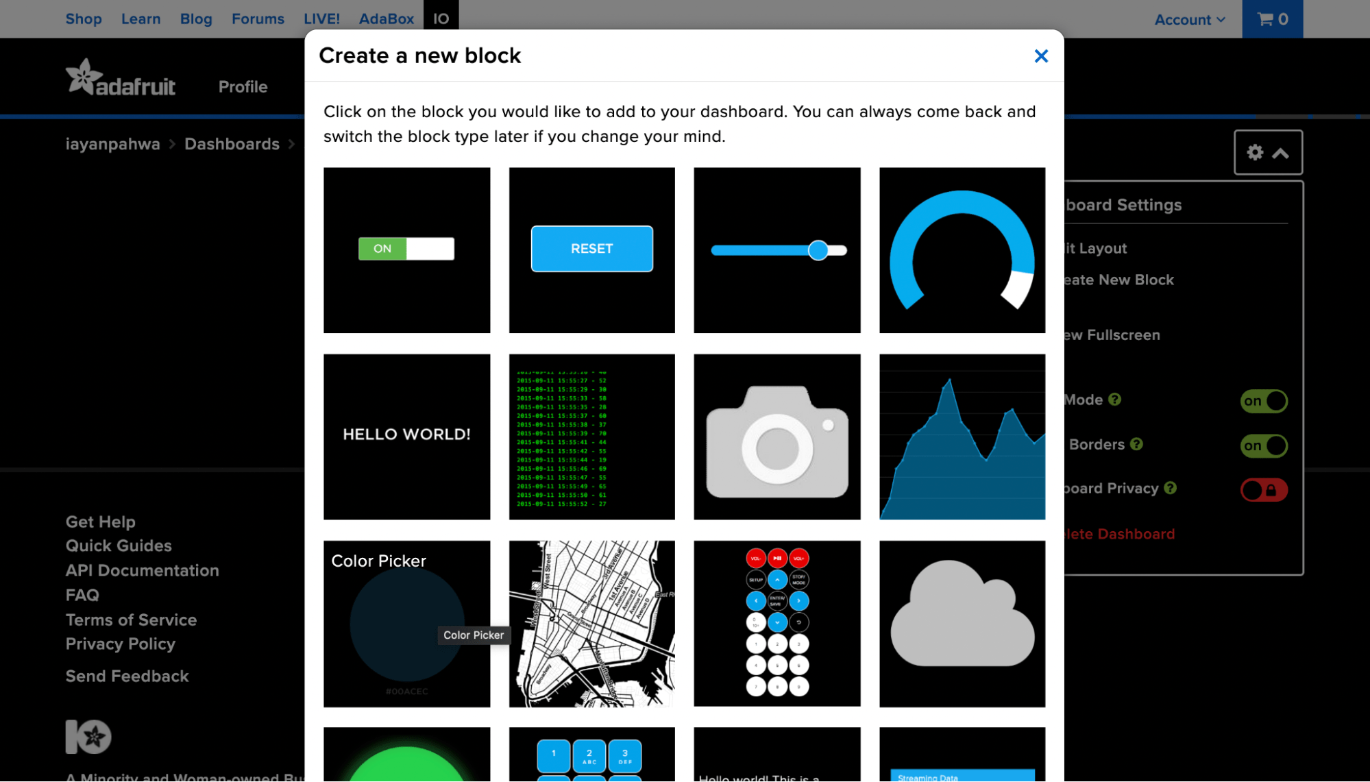 Create a new block in adafruitio
