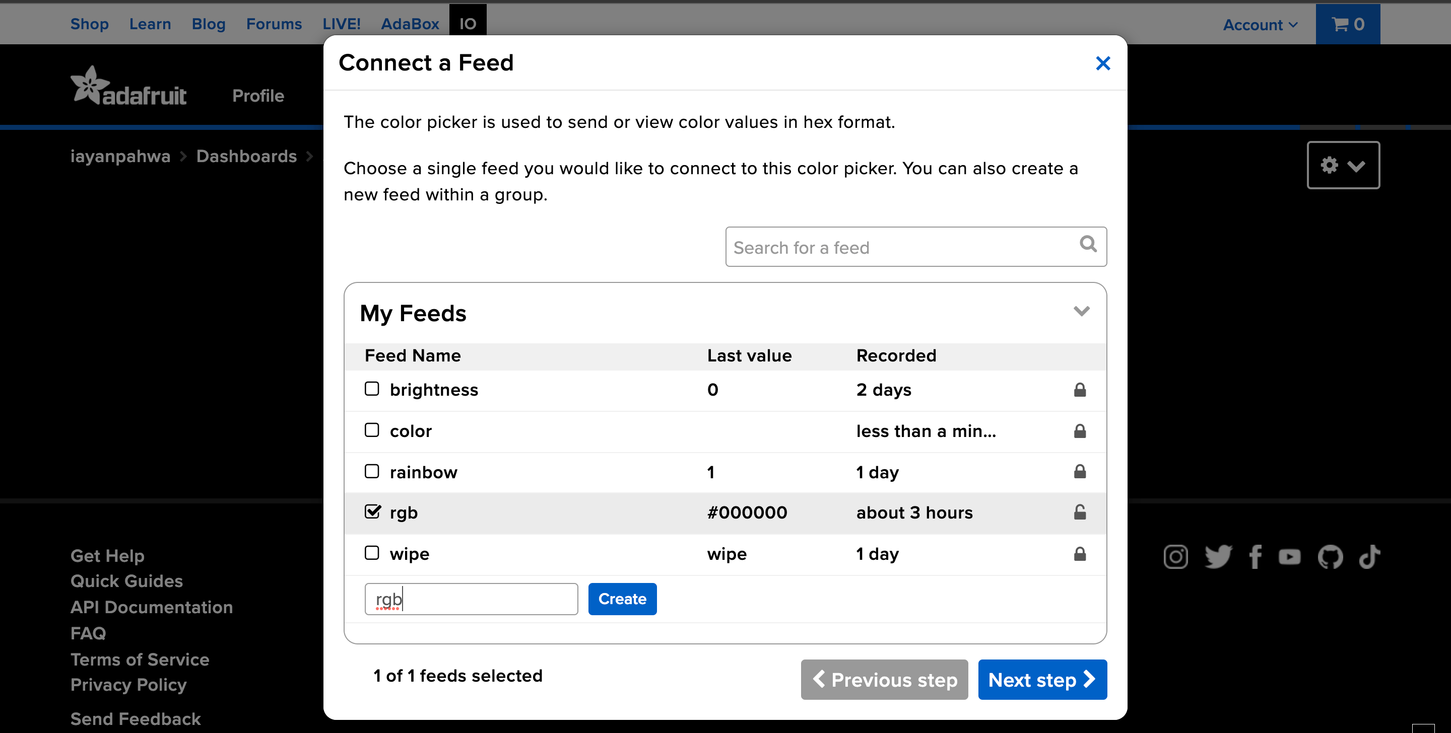 Connect a feed in adafruitio