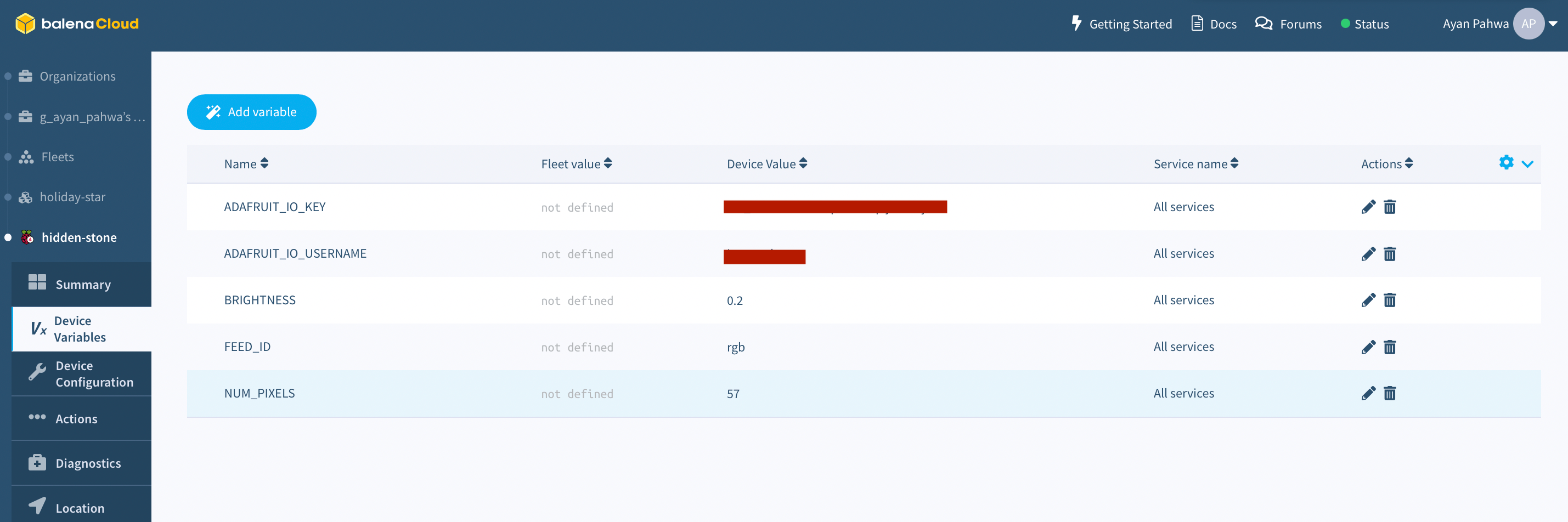 Add device variables for your adafruitio setup in balenaCloud