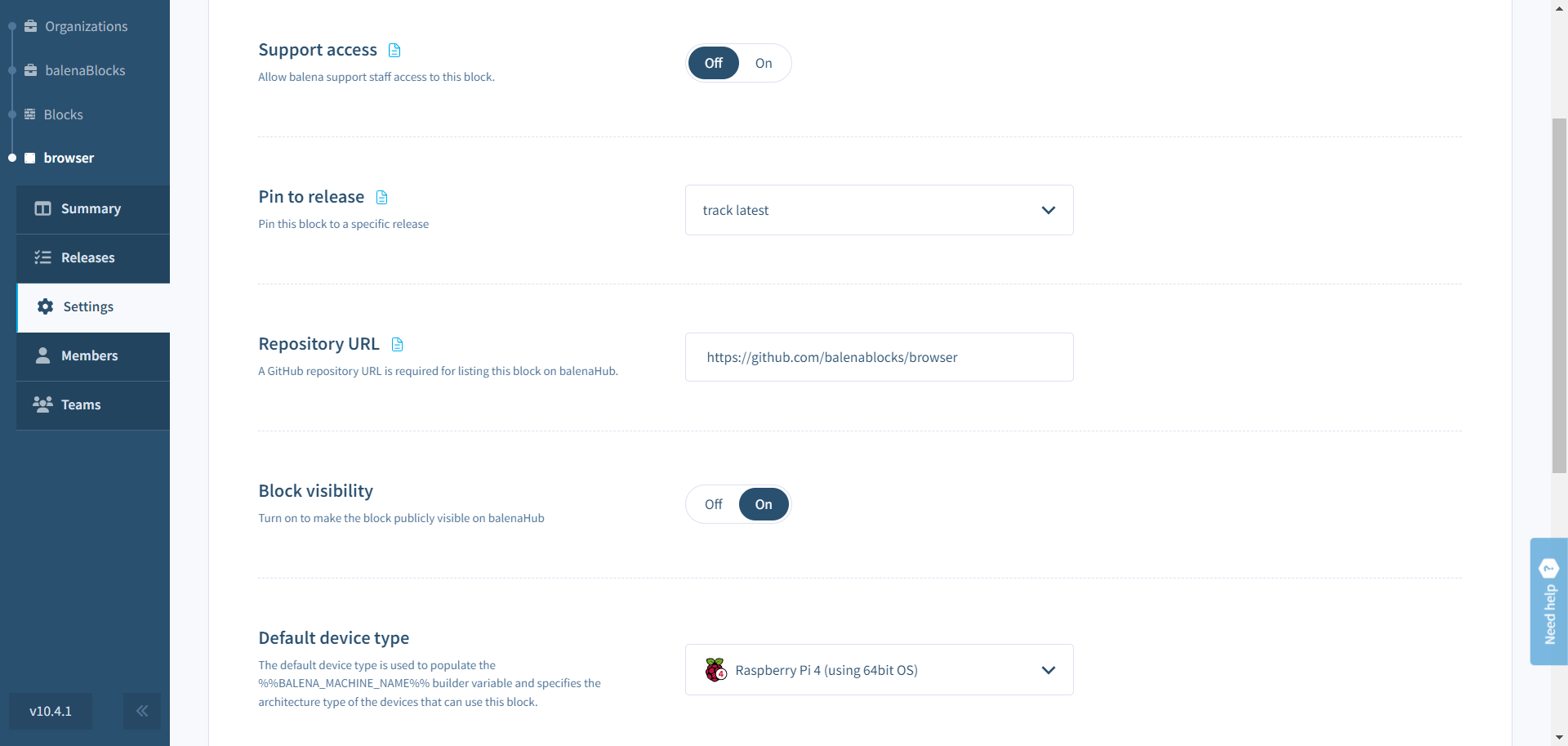 View blocks settings in balenaCloud