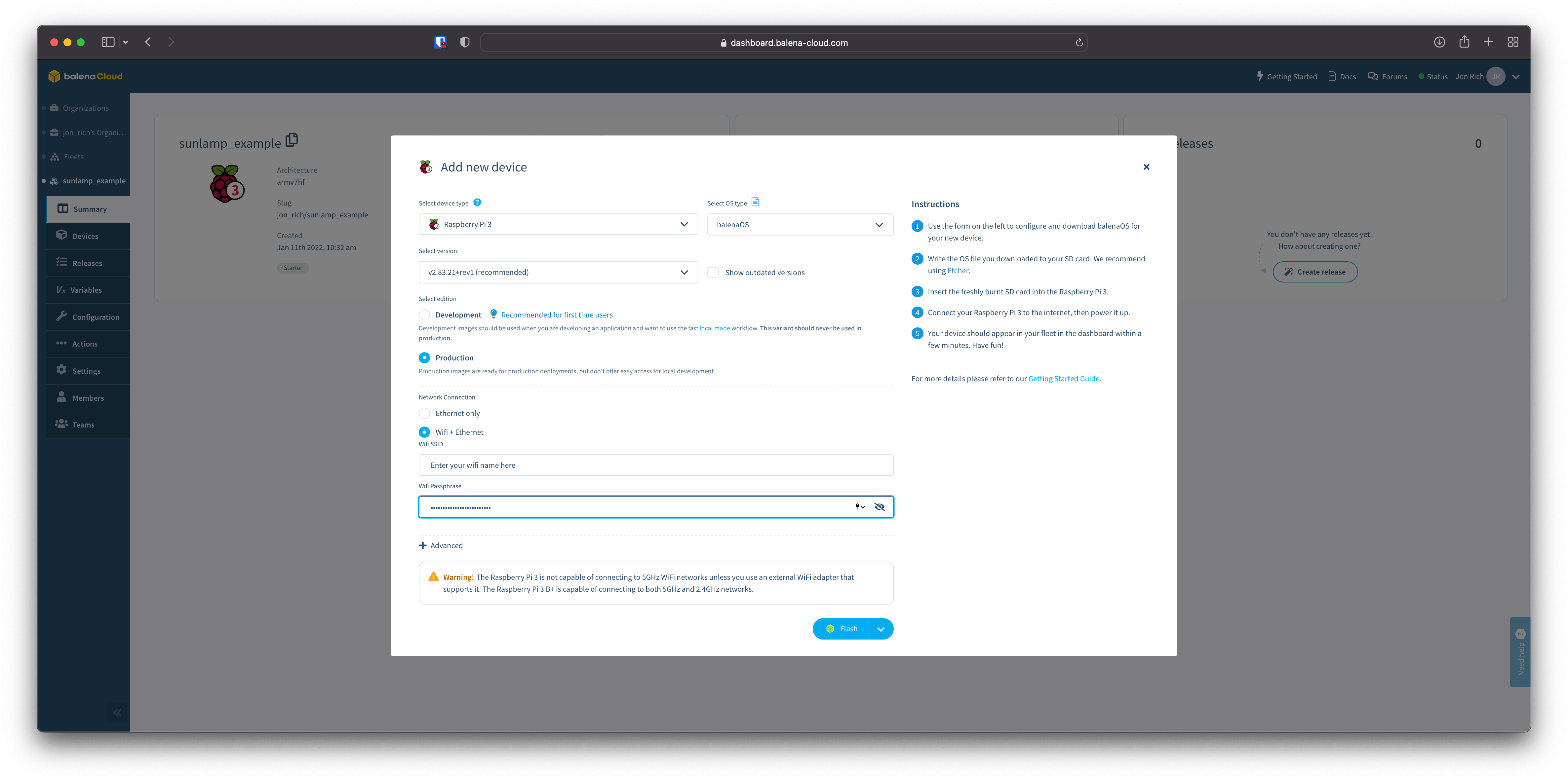 Add your device with appropriate settings