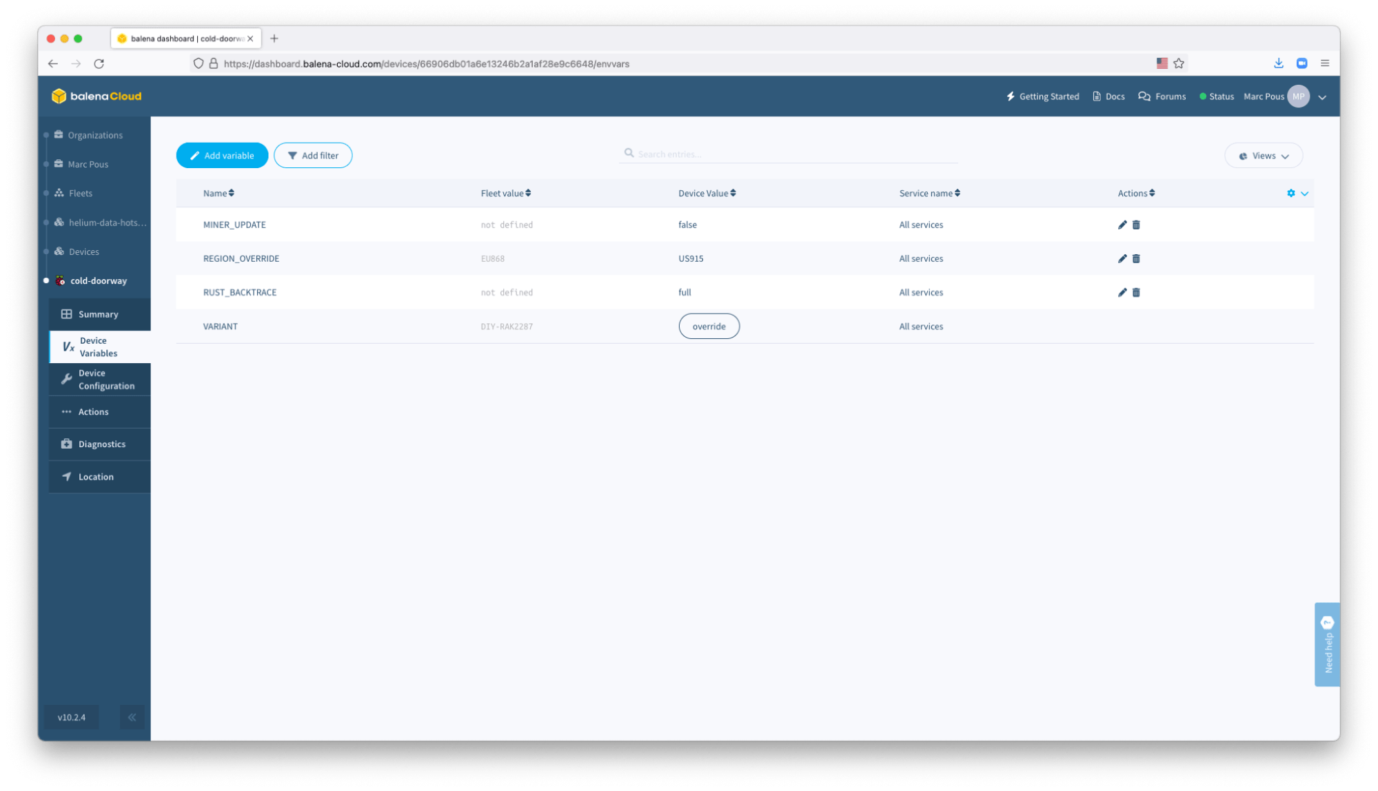 Change device variables in the balenaCloud dashboard.