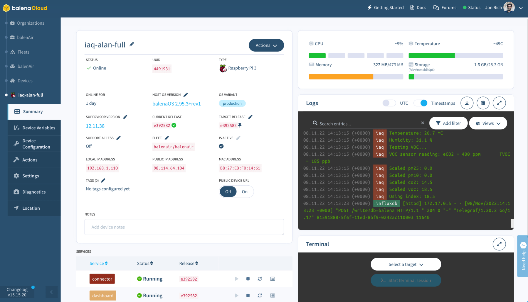 balenaCloud Dashboard - Device View
