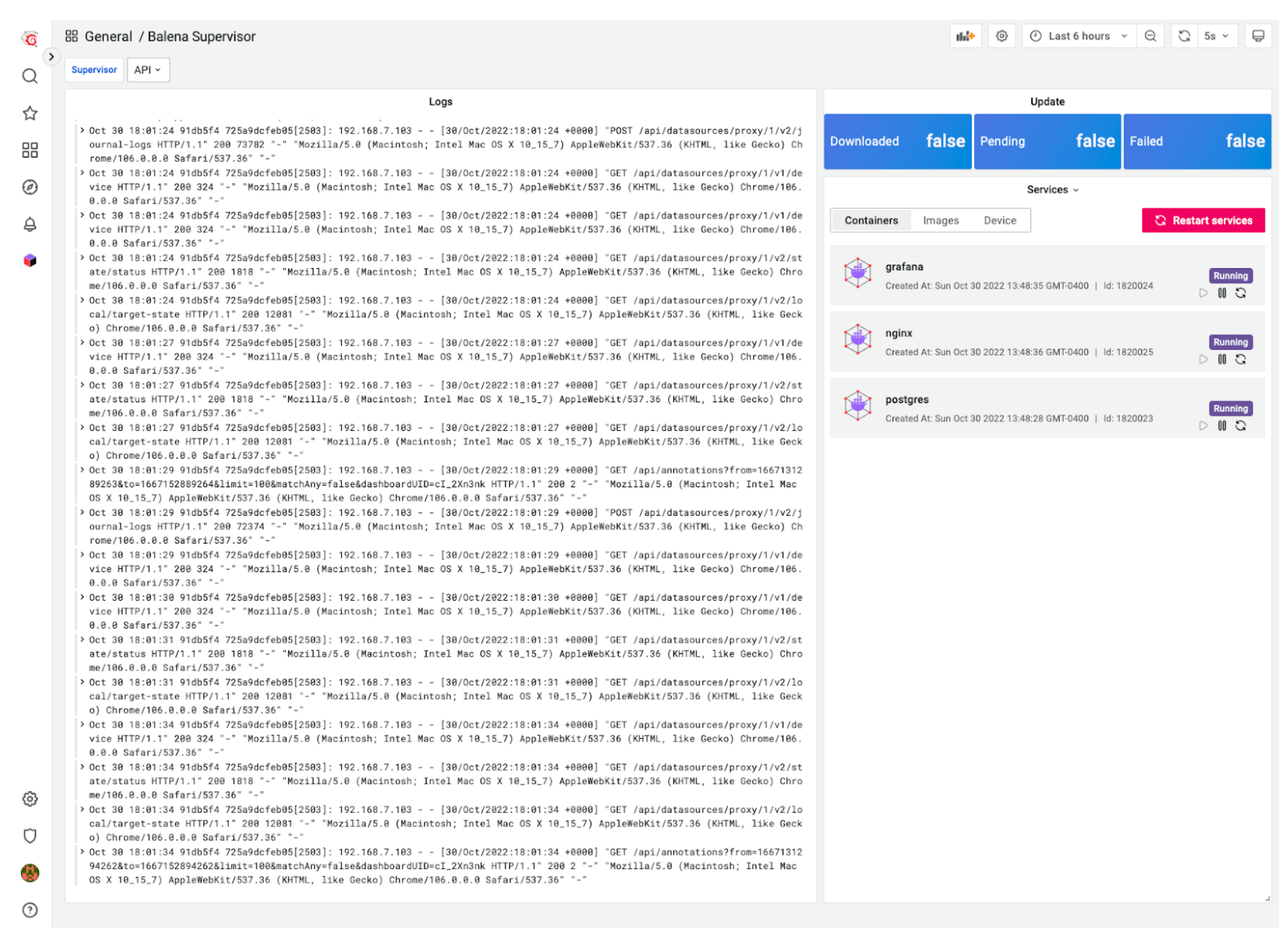 The balena application plugin displays logs, service, and update status