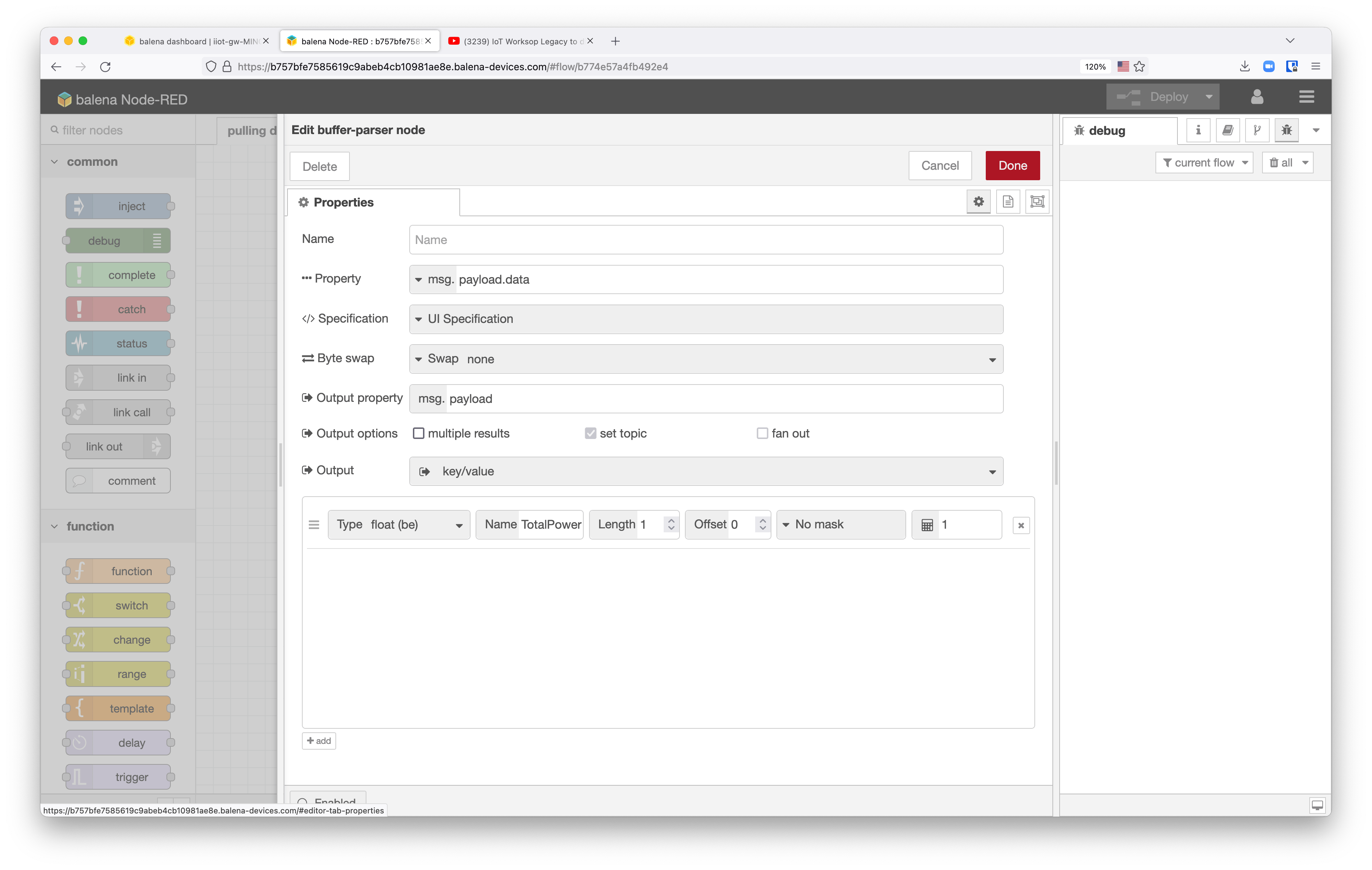 Define the buffer parser node on NodeRED