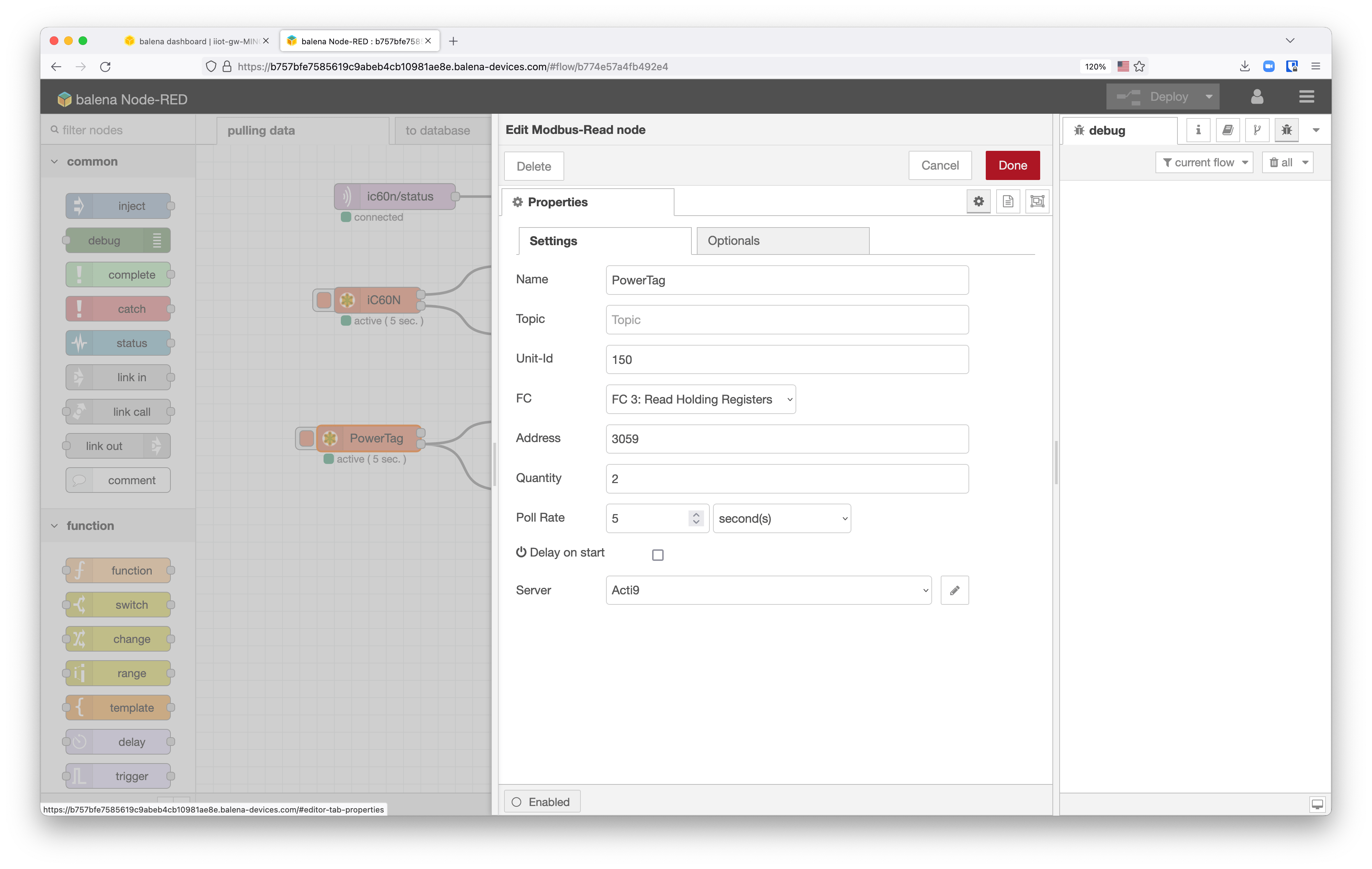 Define a Modbus Read Node on NodeRED
