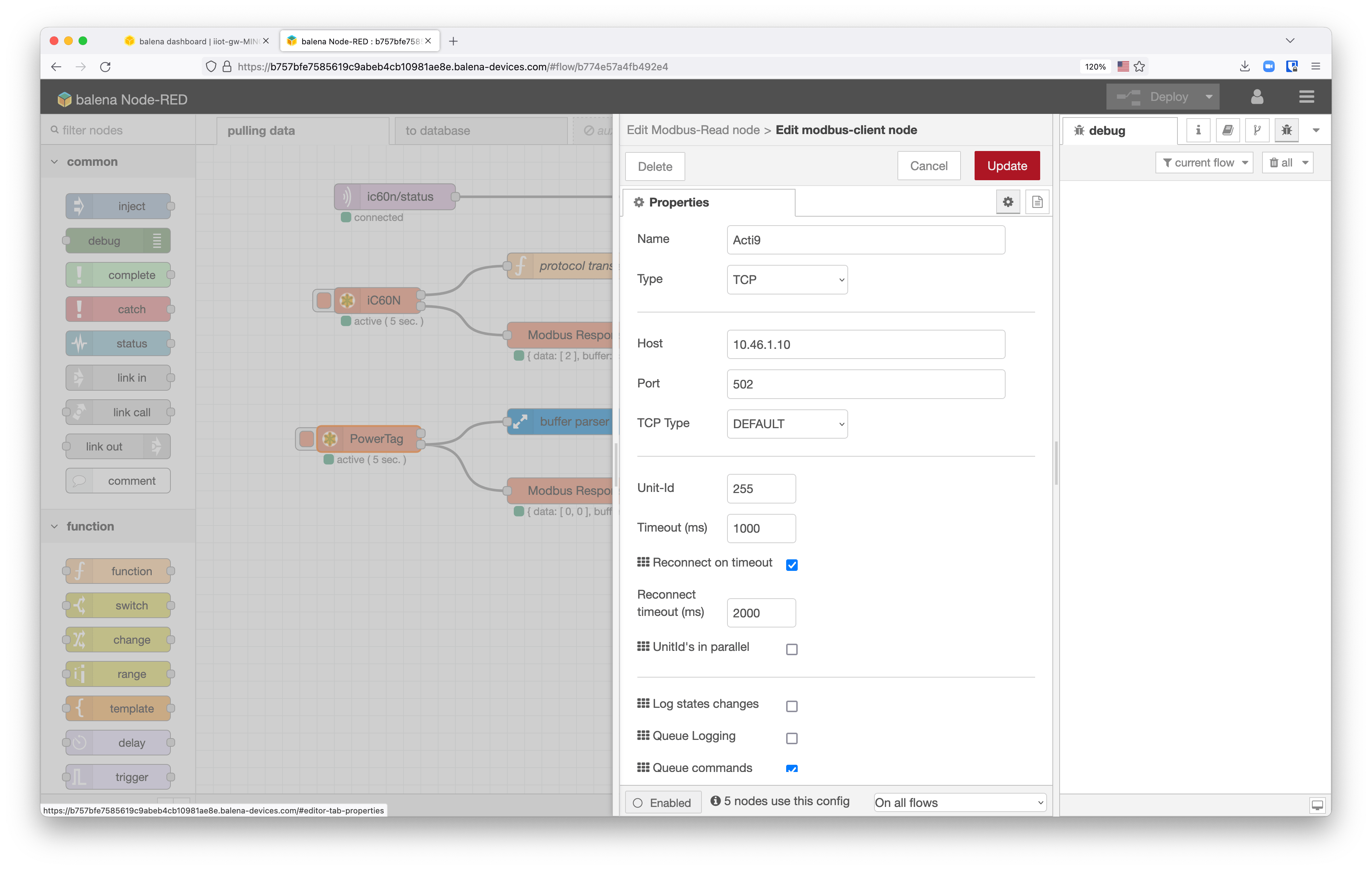 Configure a Modbus client node