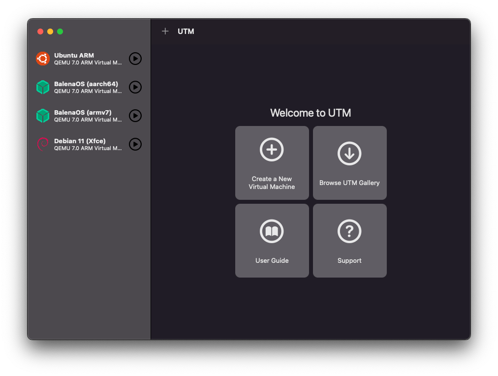 Open UTM and create new VM