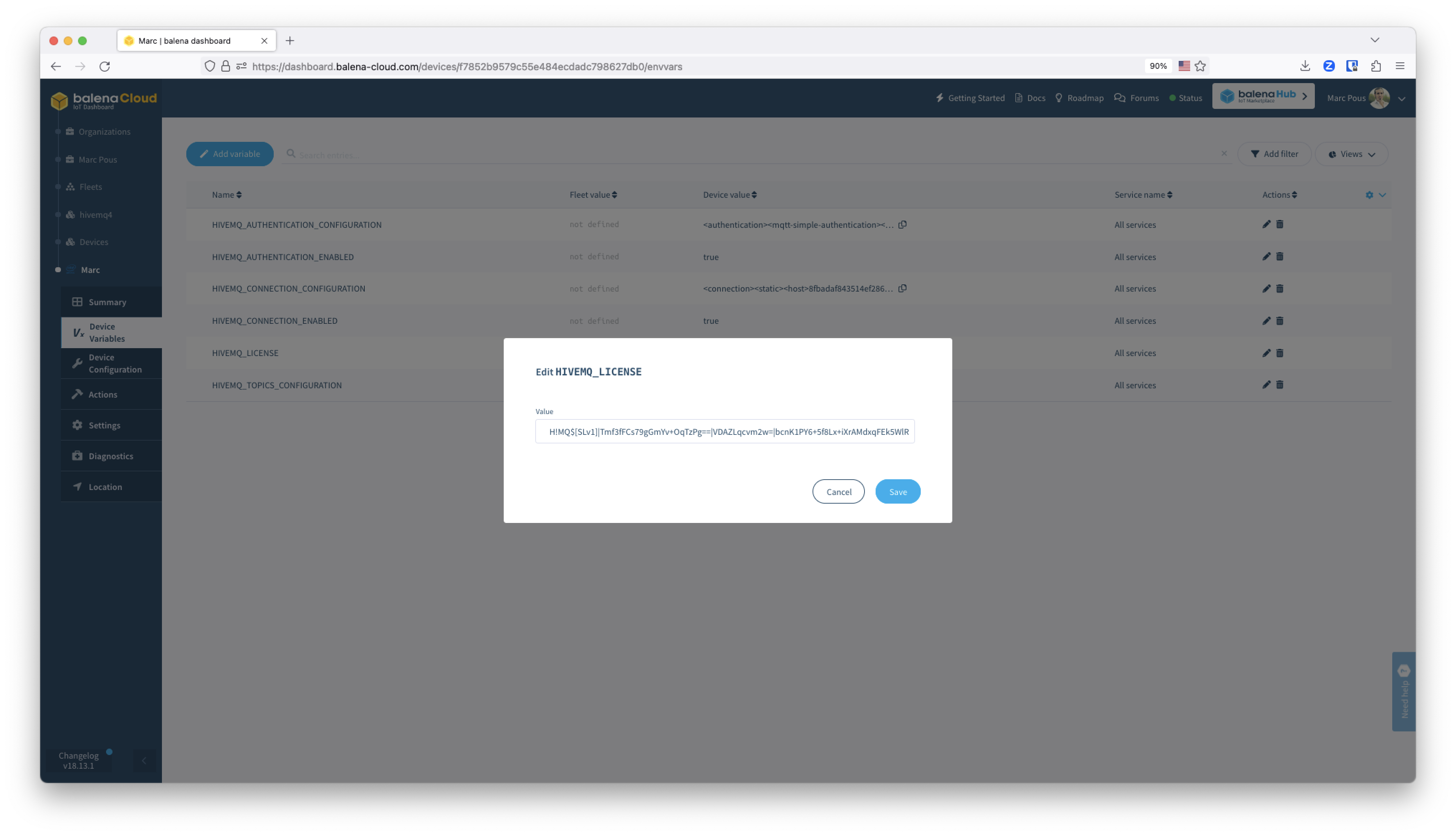 balenaCloud Device Variables editing HiveMQ License