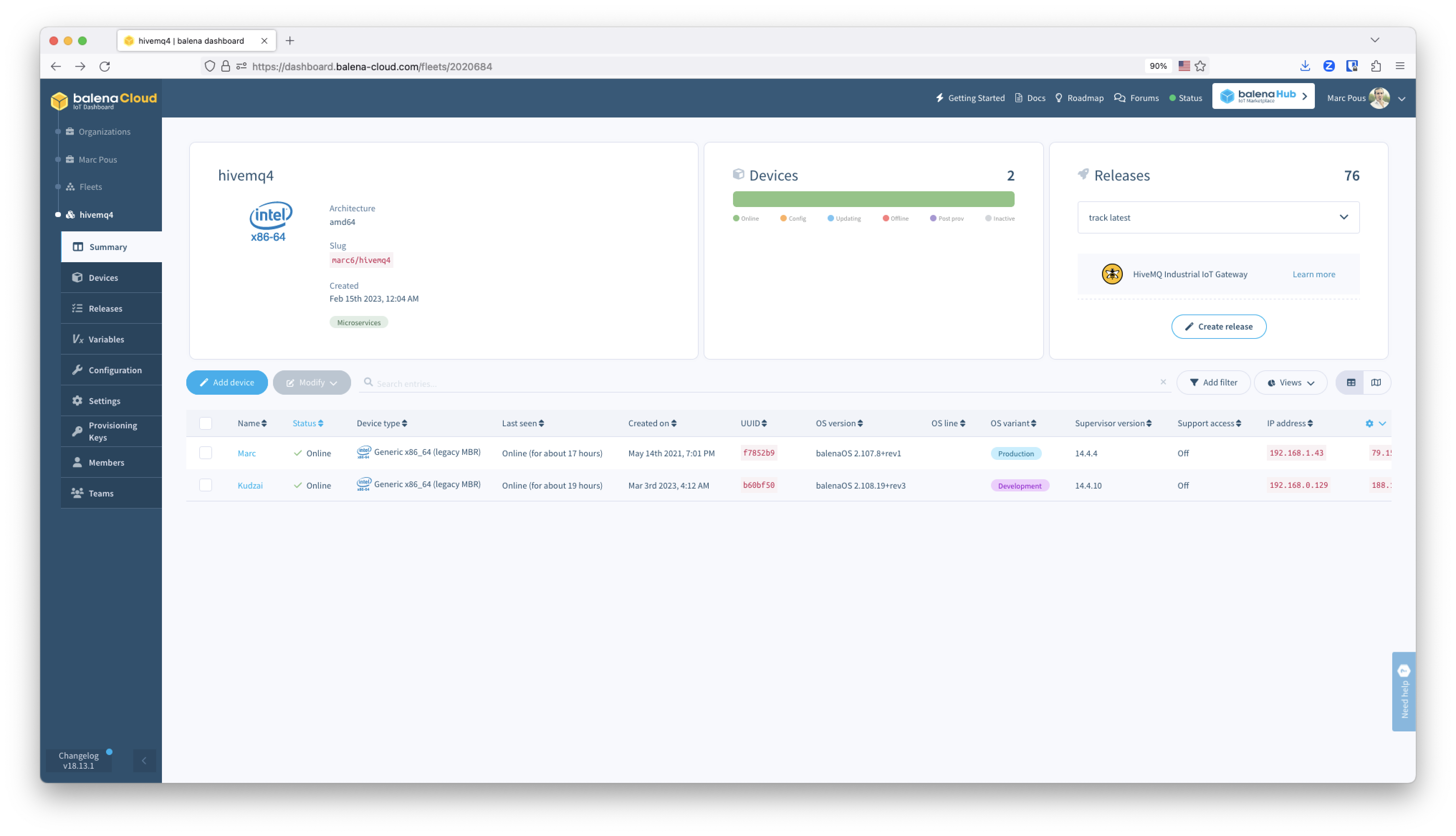 Devices list on balenaCloud