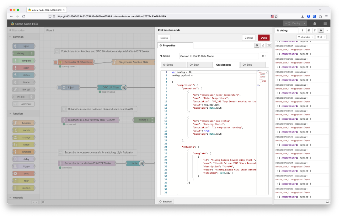 nodeRED function to encode data on ISA95 standard