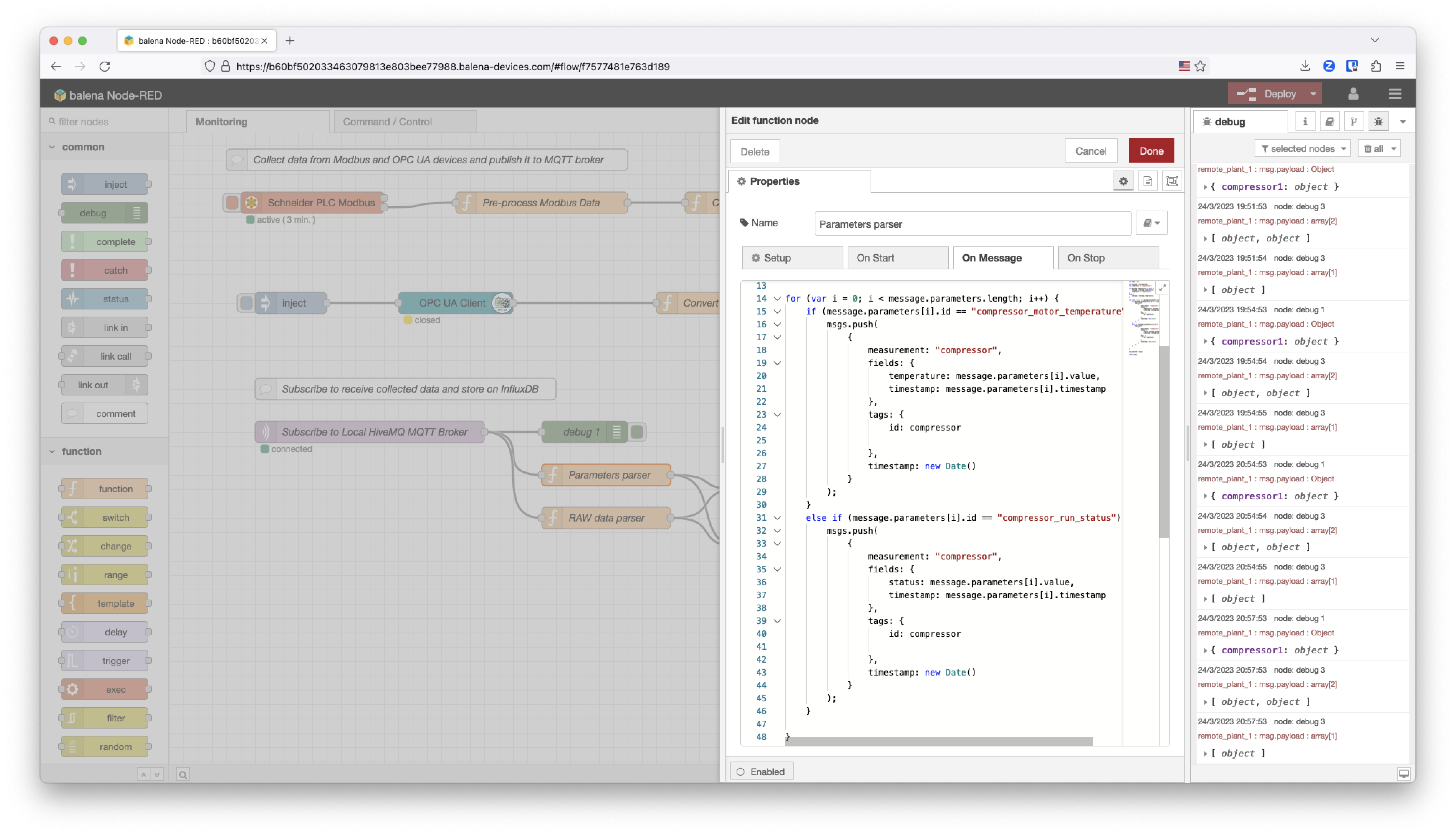 nodeRED function to generate an InfluxDB Raw Data payload