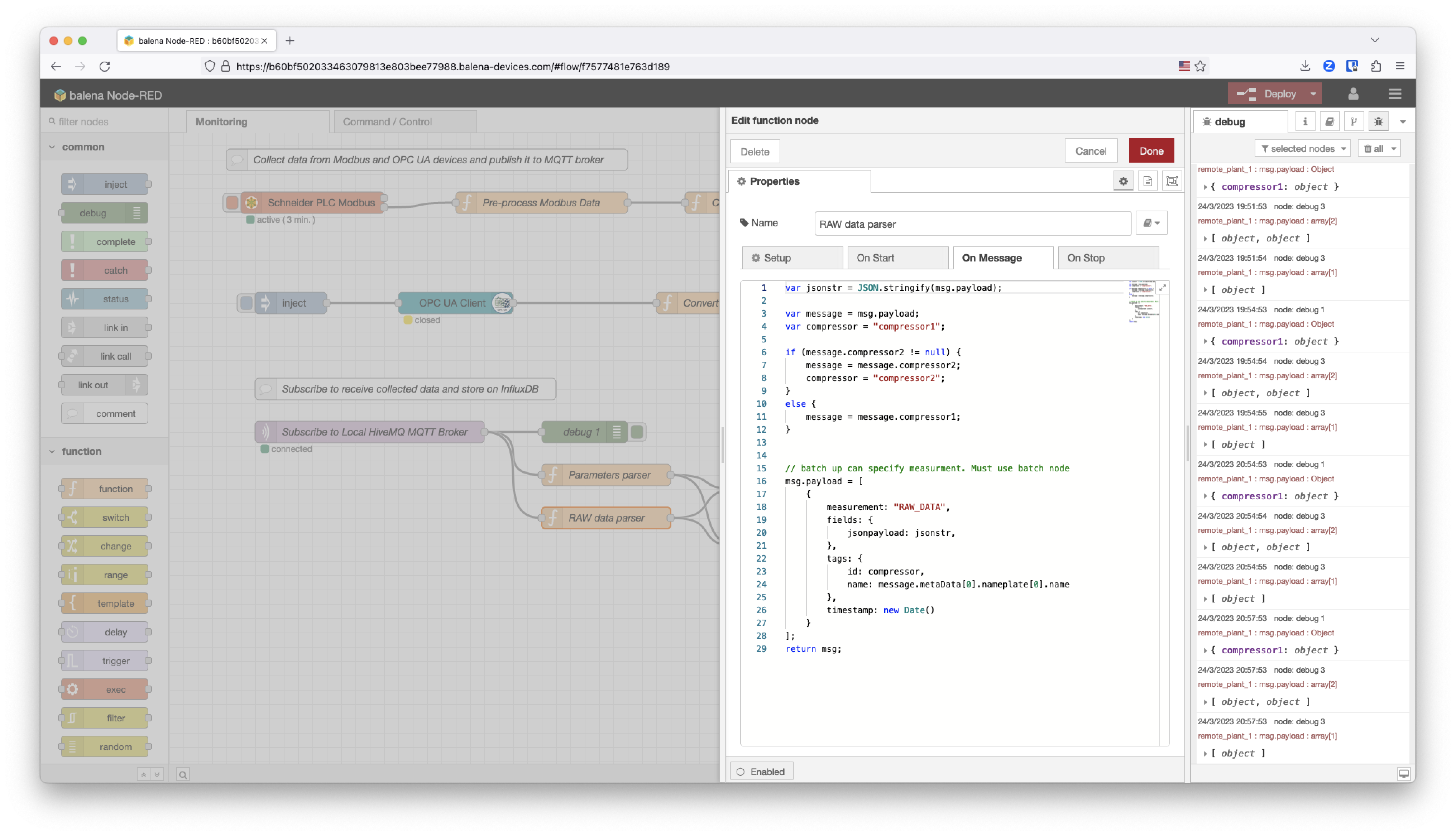 nodeRED function to generate an InfluxDB Raw Data payload