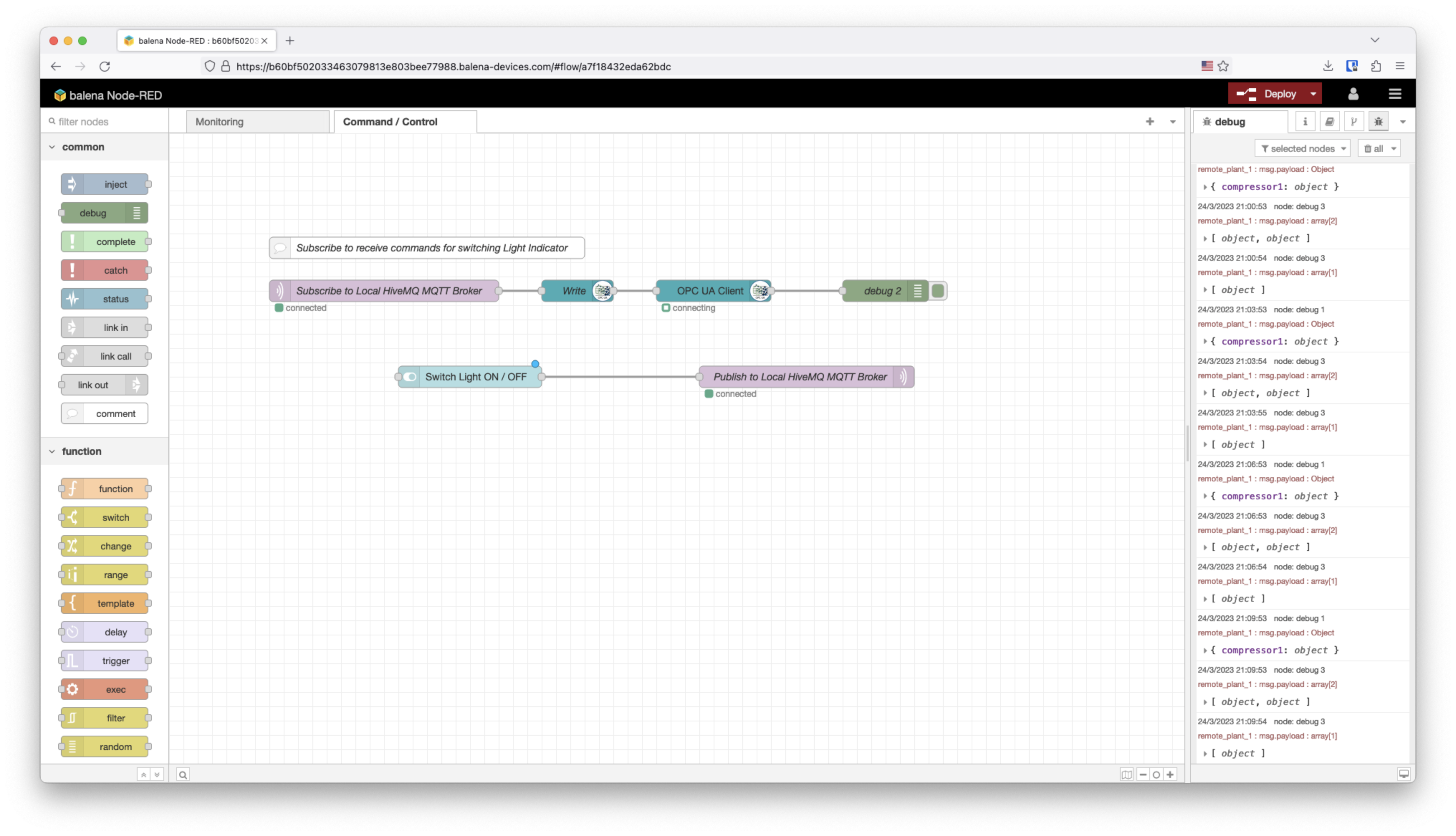 nodeRED Command Control Flow to manage a Signal Light over OPC UA