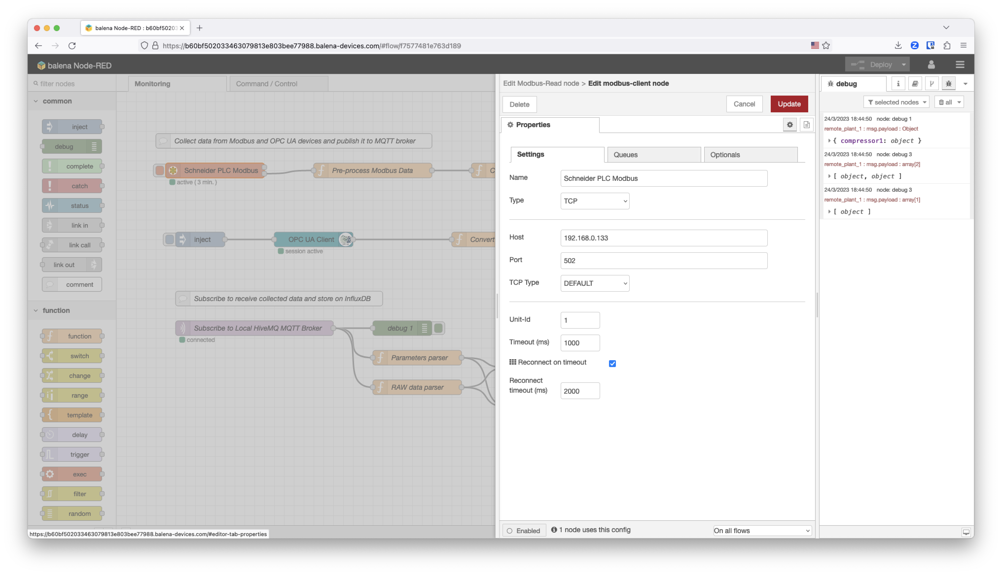 nodeRED Schneider PLC modbus node settings