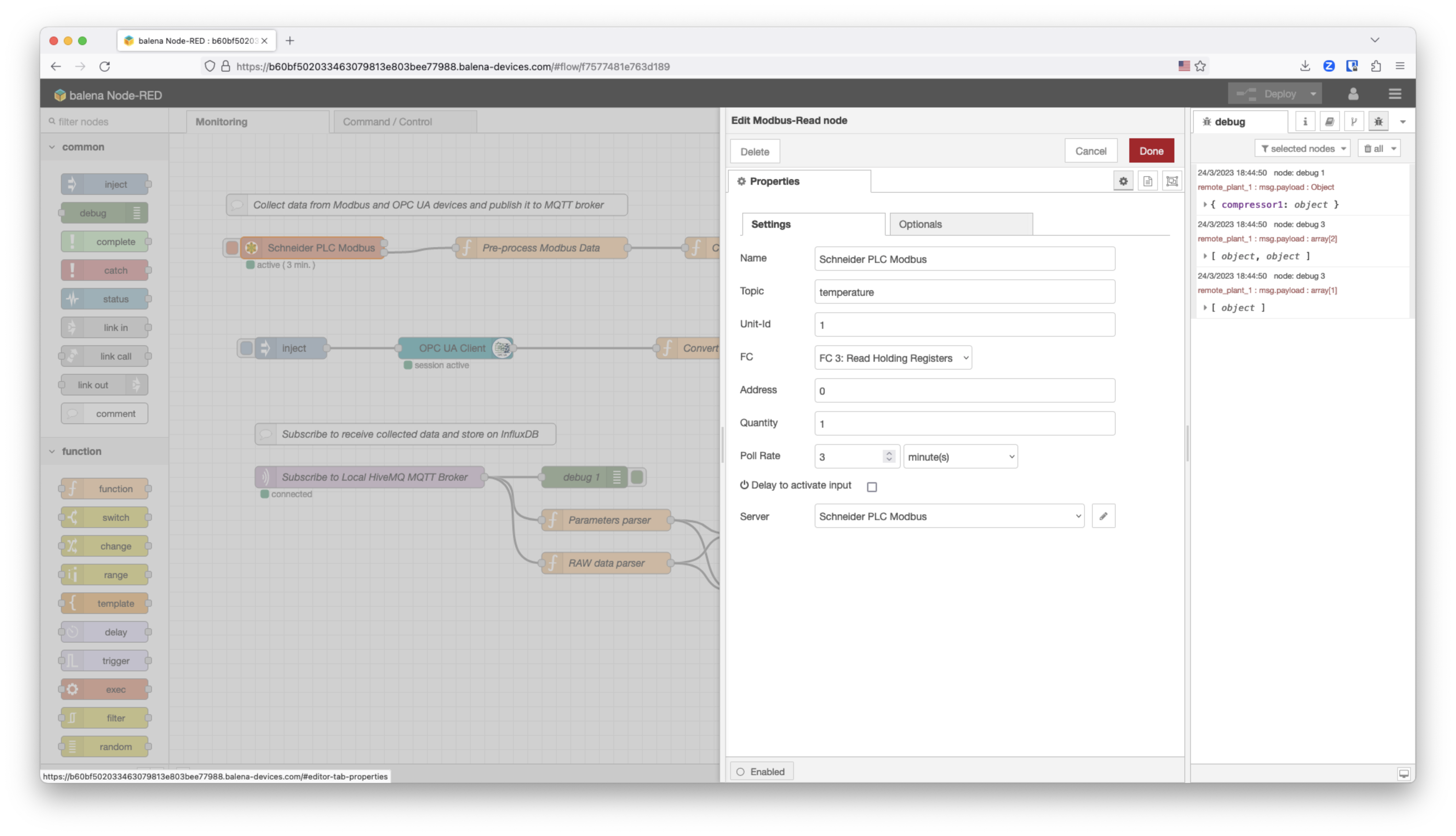 nodeRED Schneider PLC modbus node