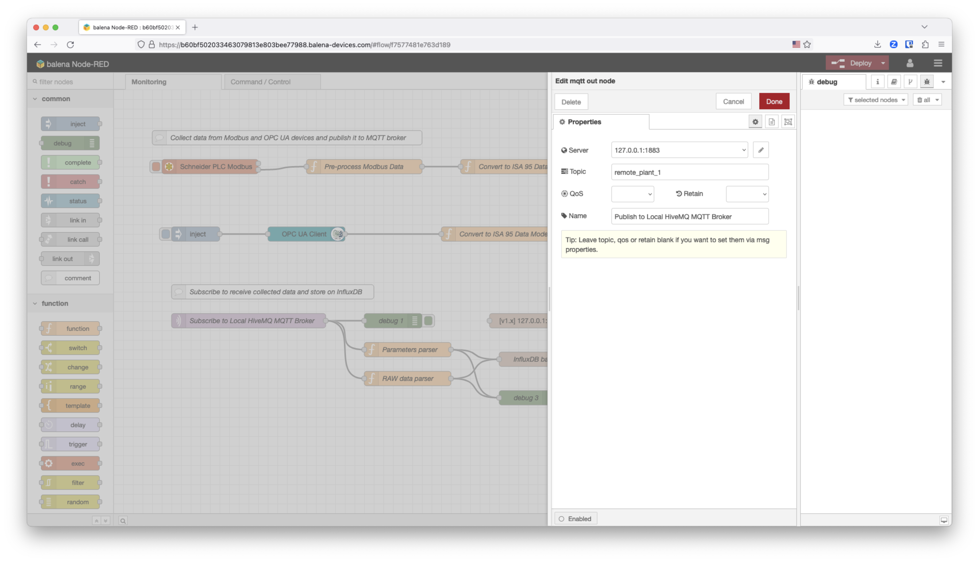 nodeRED MQTT HiveMQ node settings