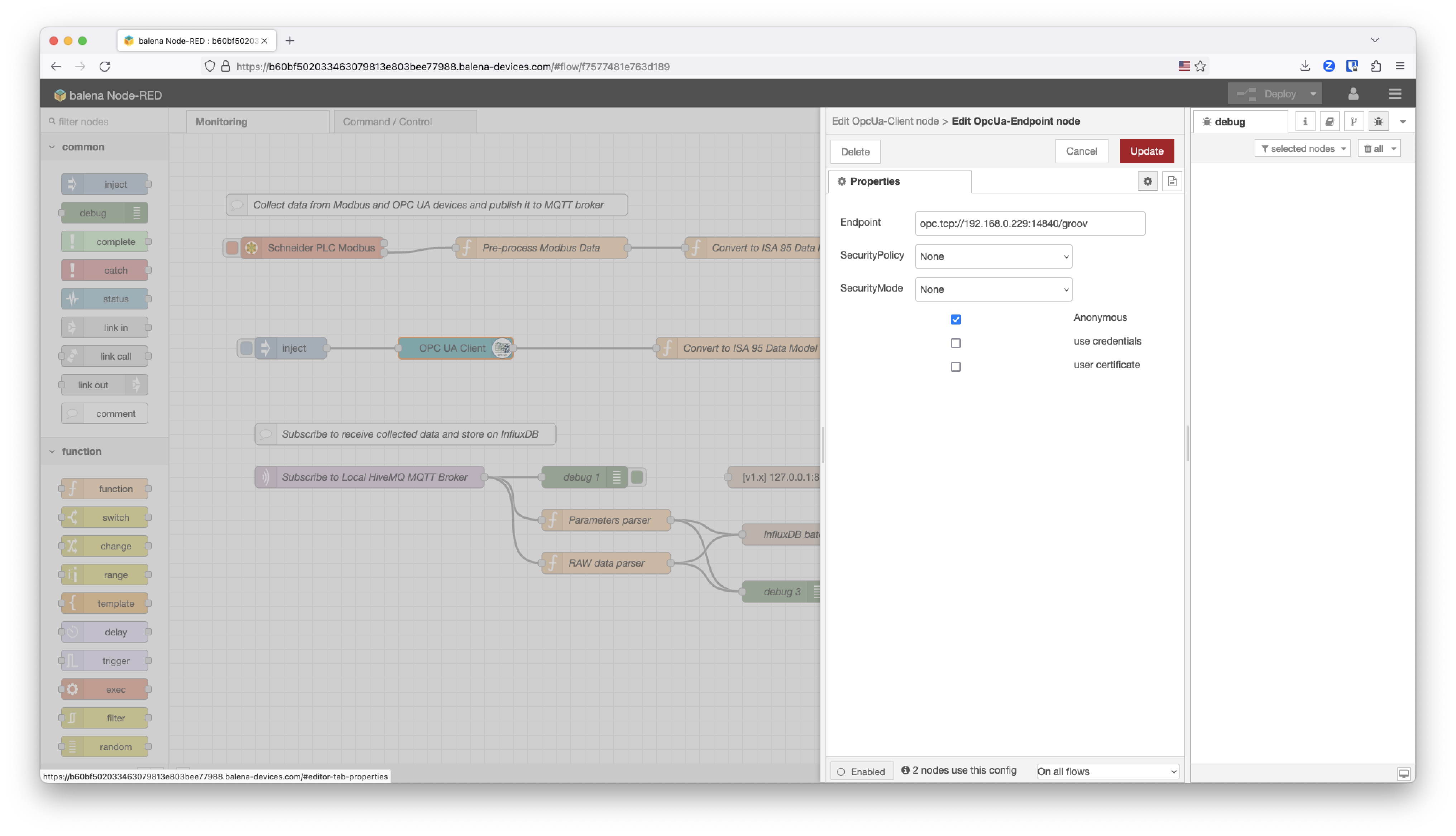 nodeRED properties of the OPC UA client node