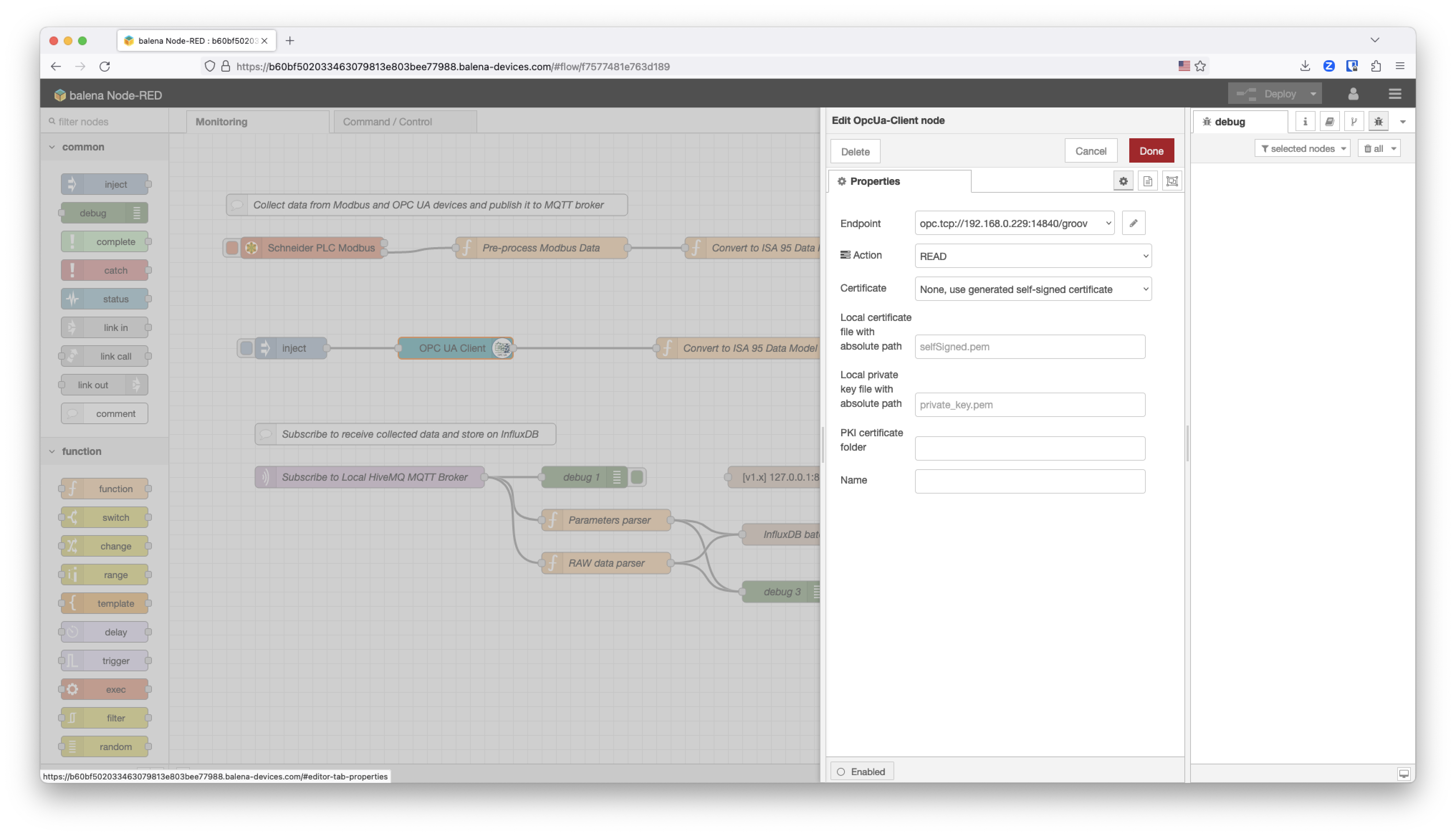 nodeRED OPC UA client node