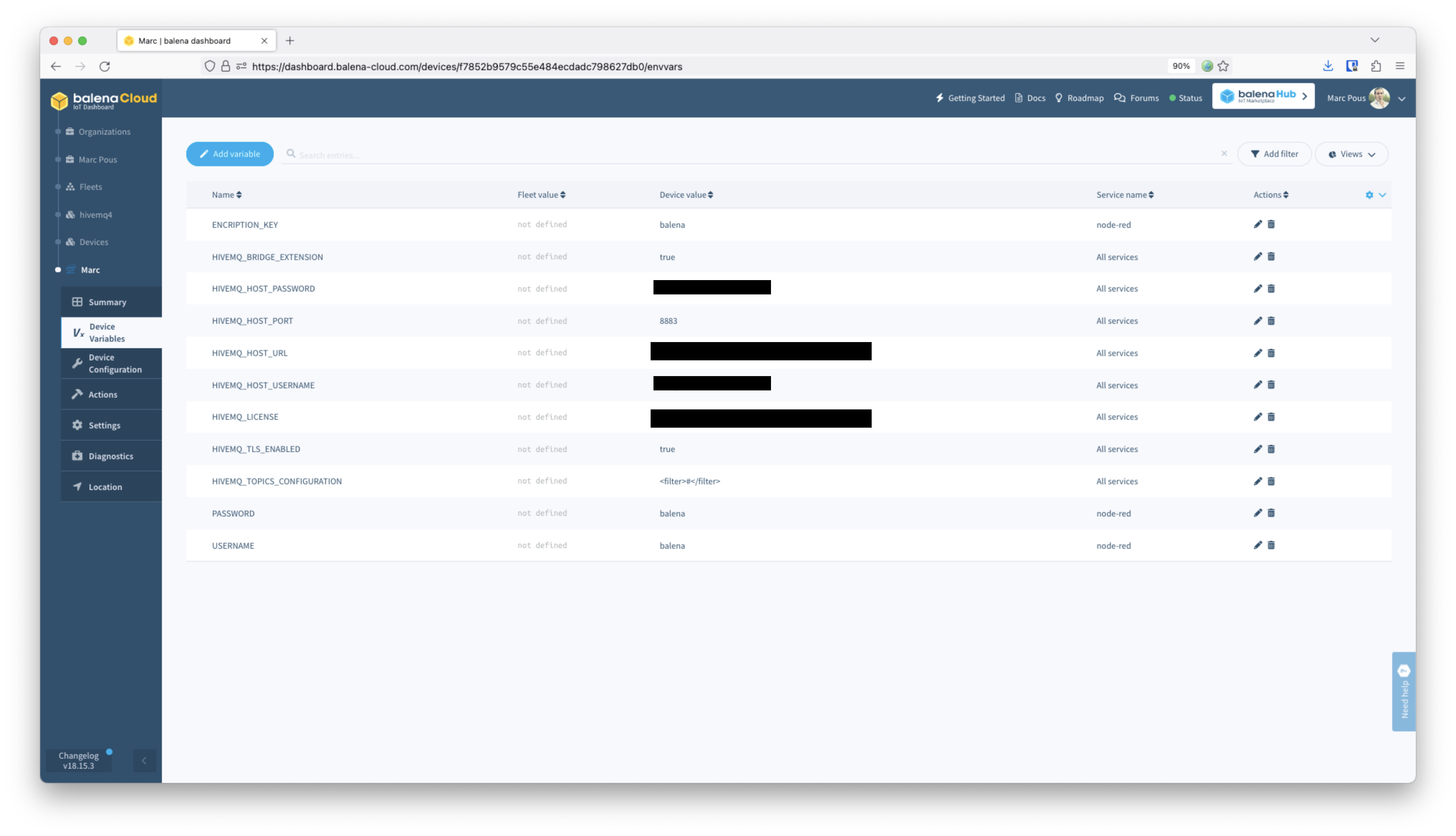 balenaCloud Device Variables details