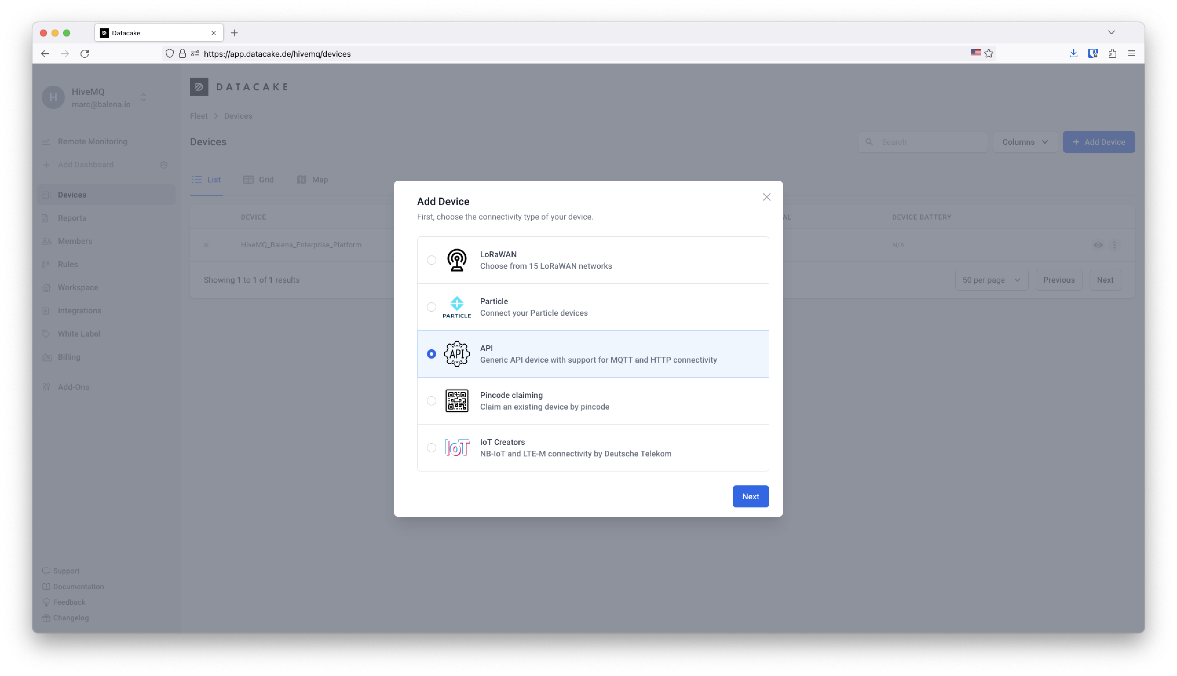 Datacake Add a Device