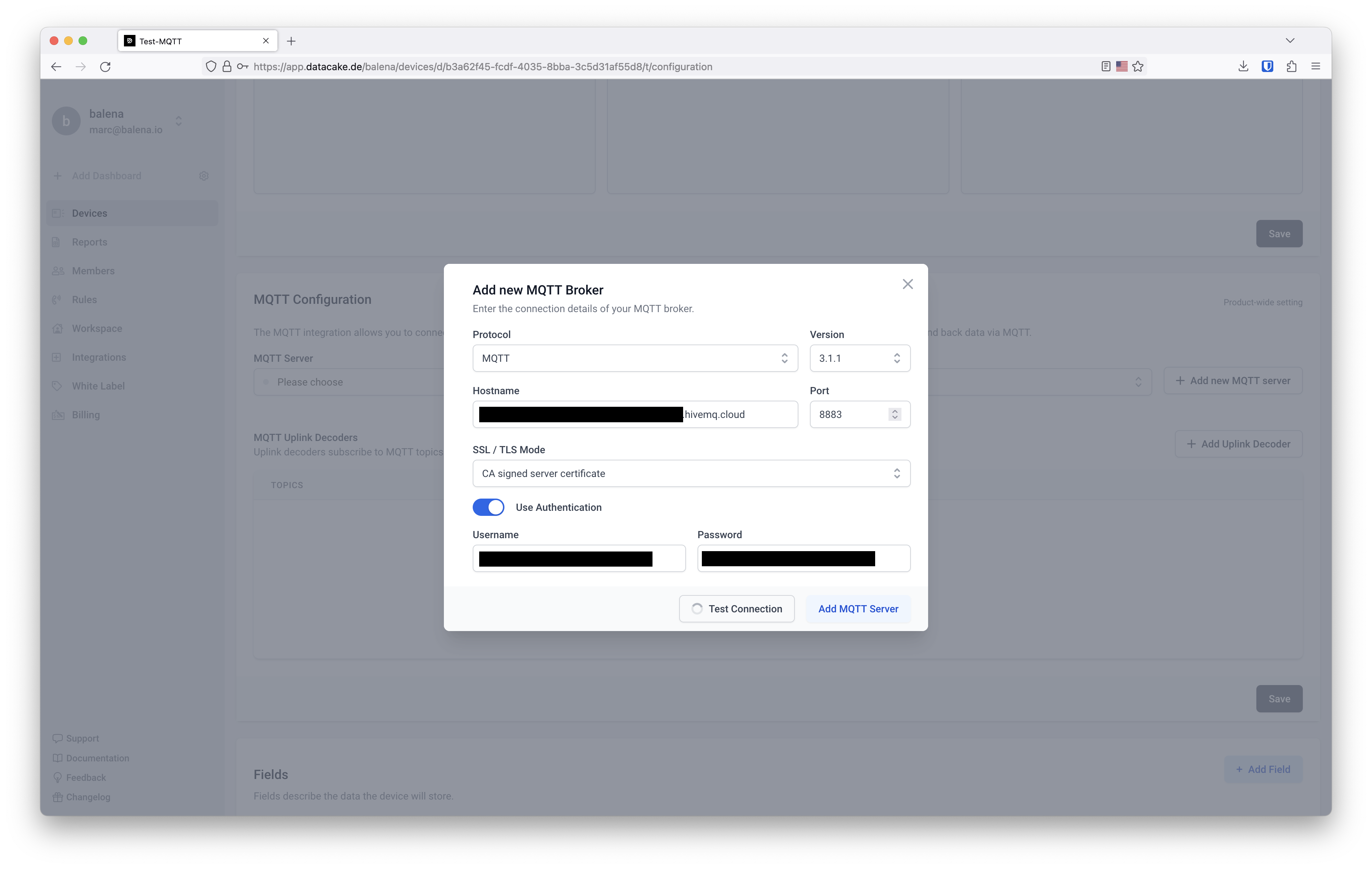Datacake MQTT subscription configuration