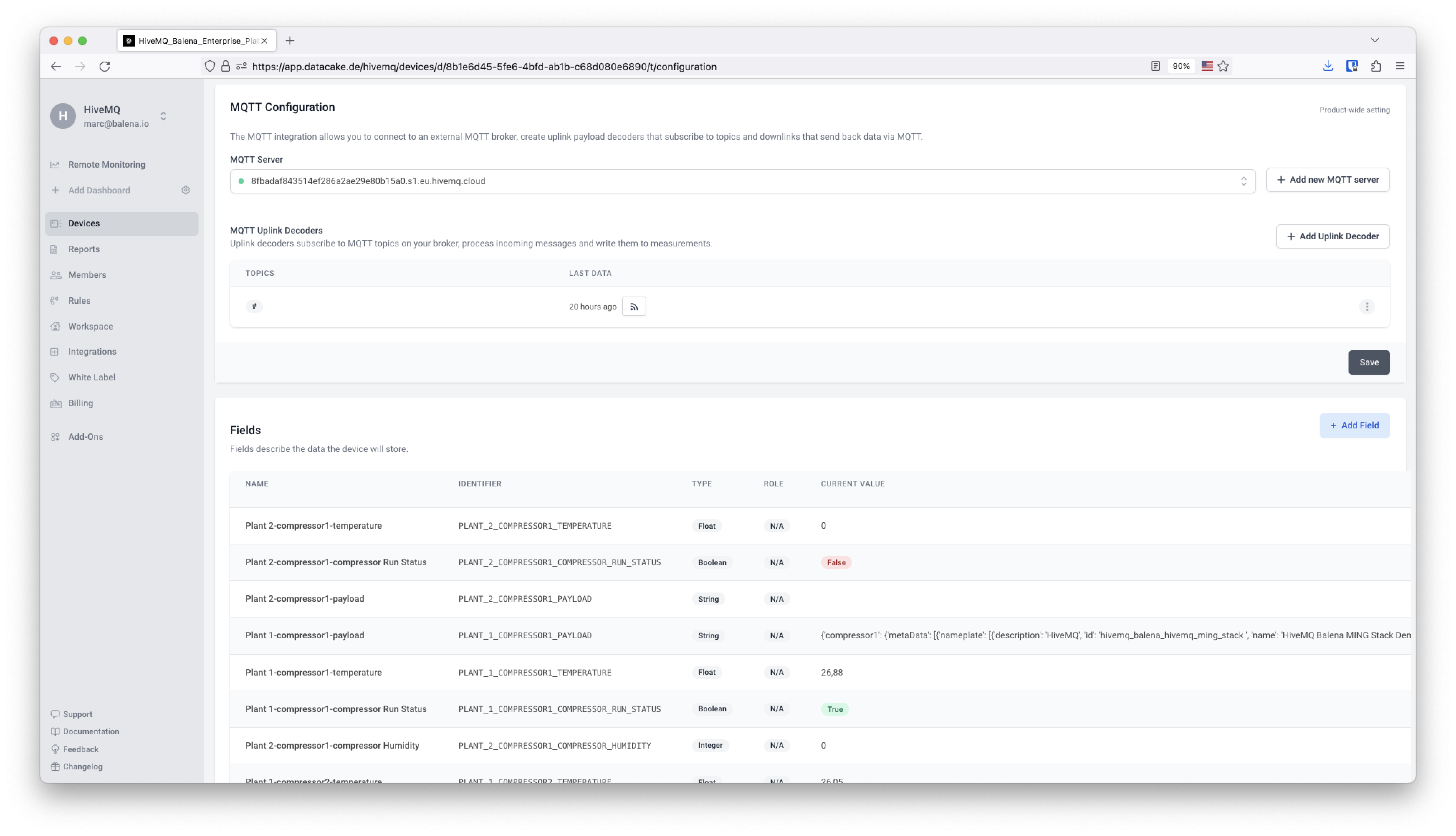 Datacake MQTT subscription