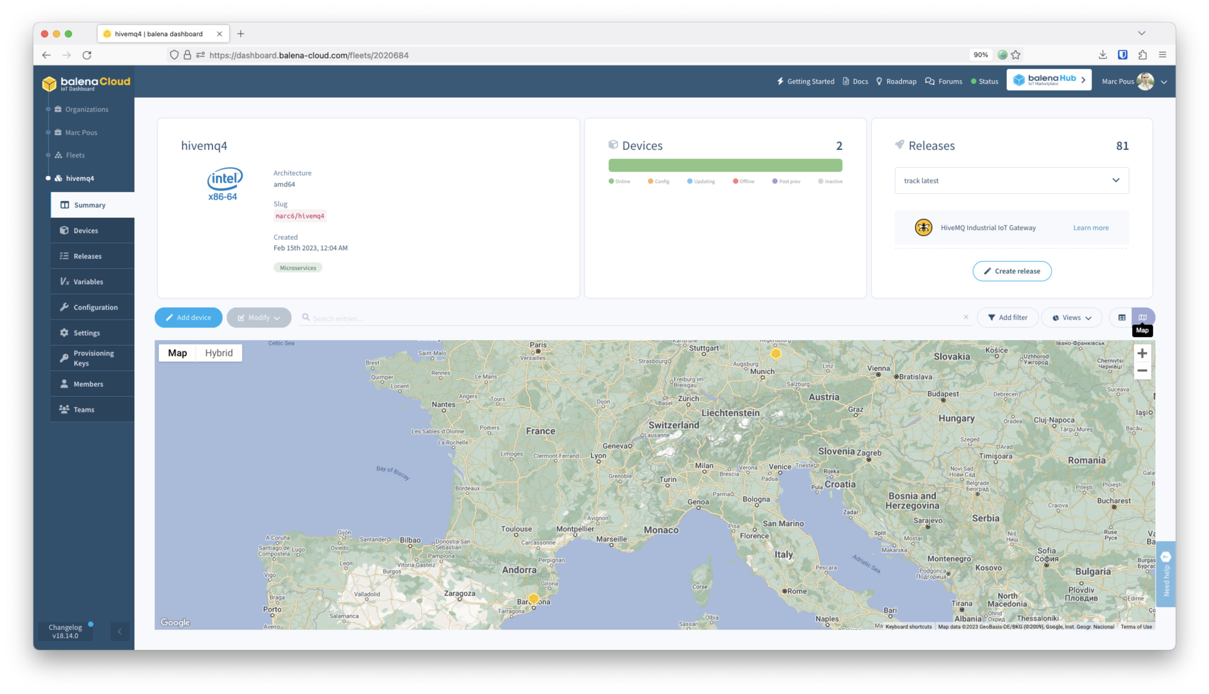 balenaCloud fleet map