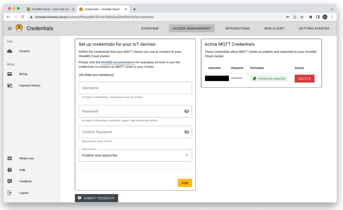 HiveMQ MQTT Cloud broker credentials setup