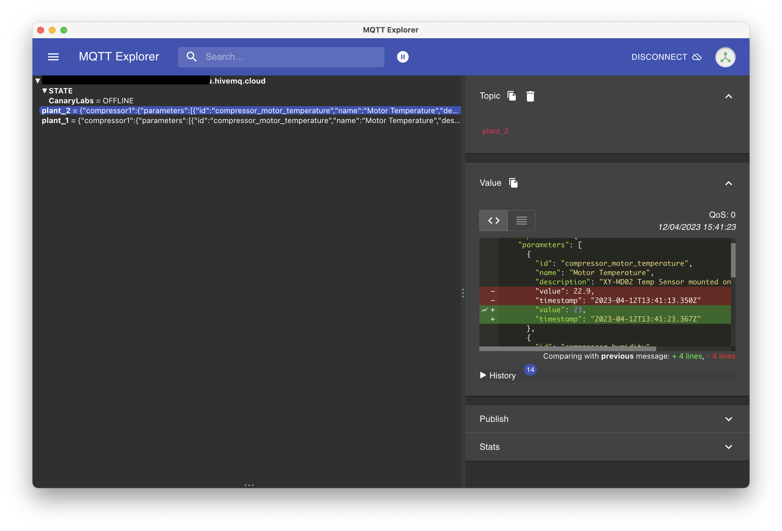 MQTT Explorer data coming from the subscription