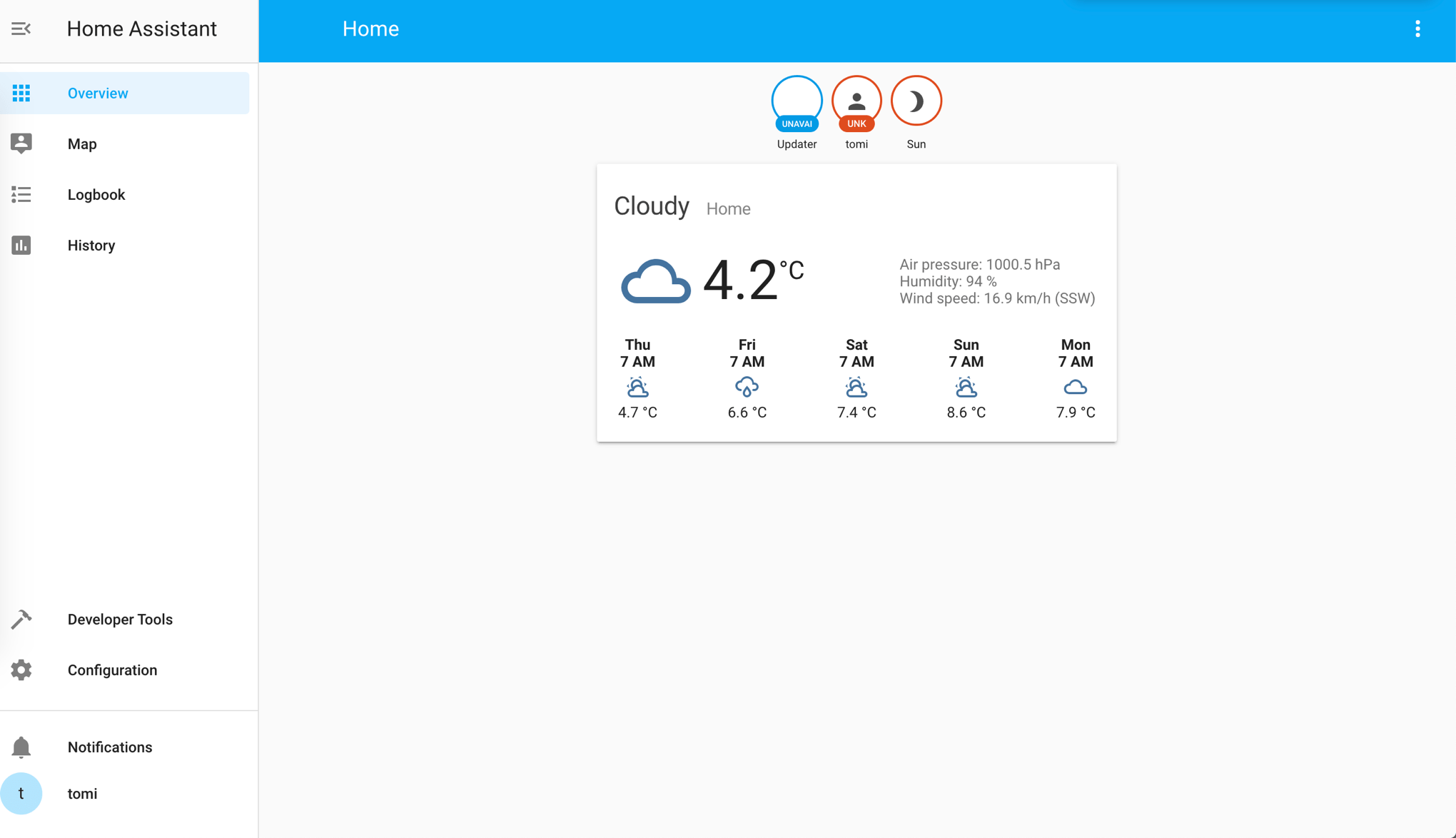 Here's the main Home Assistant dashboard