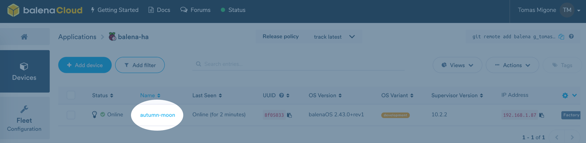 See your newly provisioned device on the dashboard