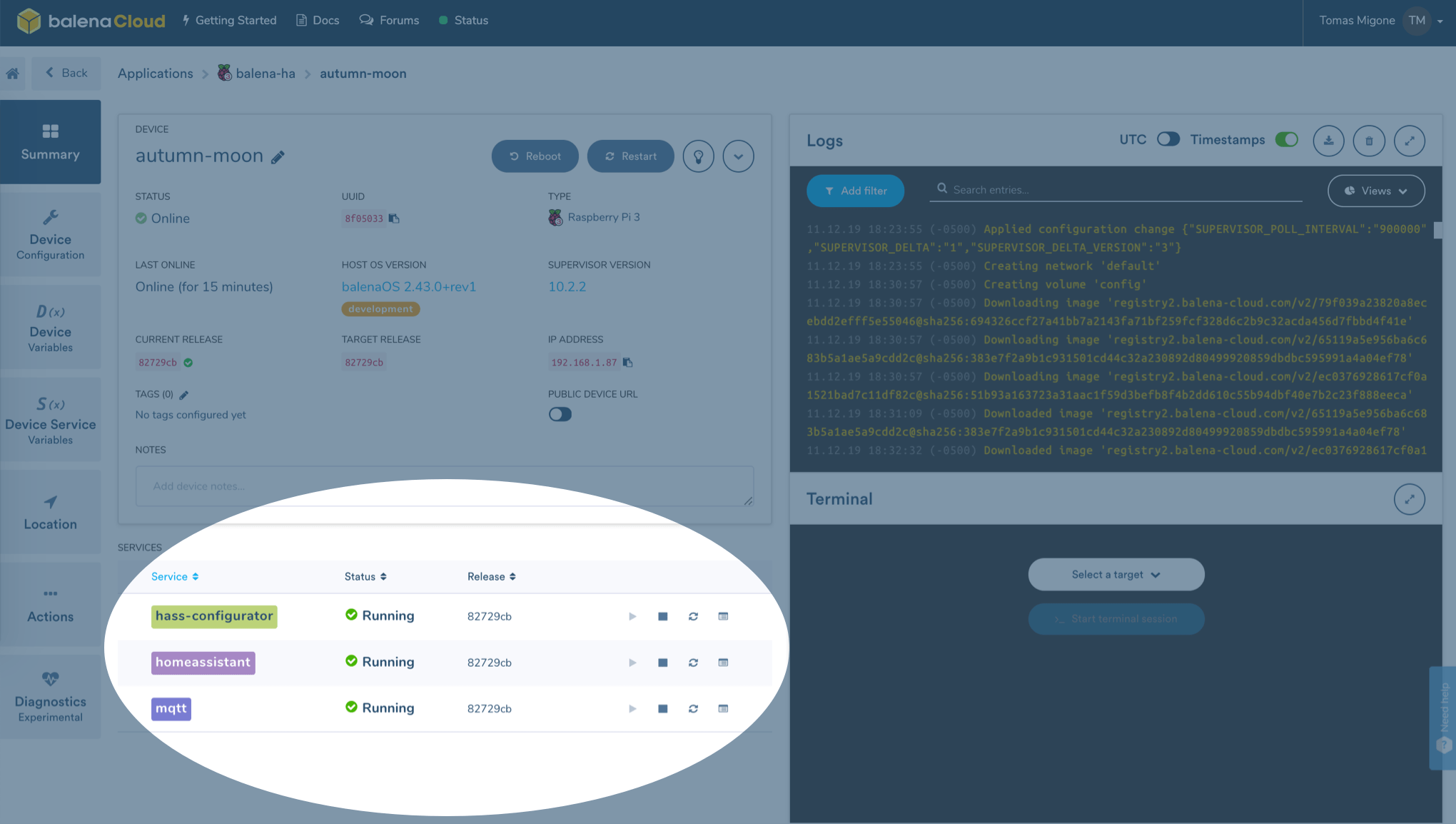 You'll see these services load upon successfully pushing the code to your device