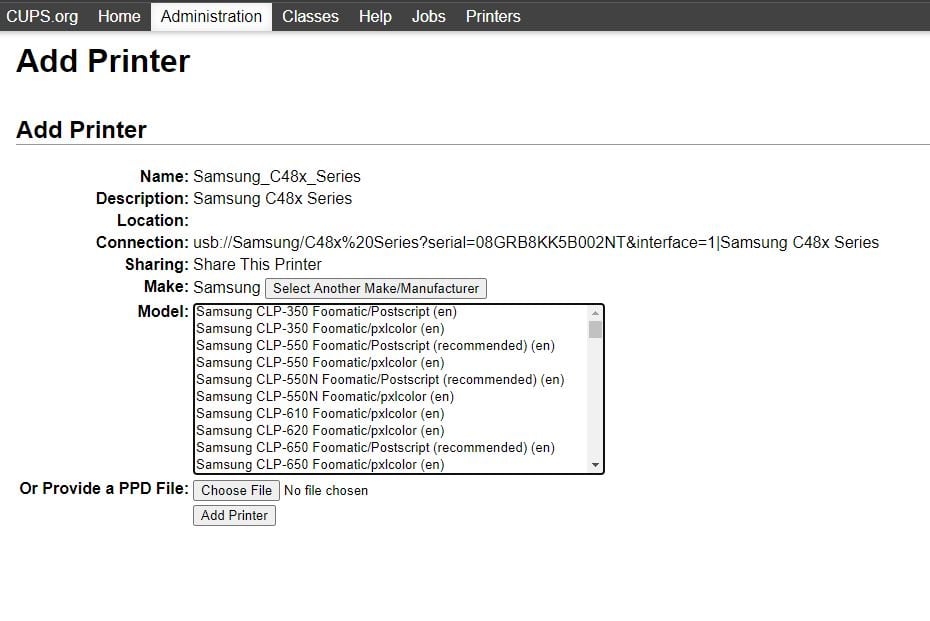 Next step of adding a printer to CUPS
