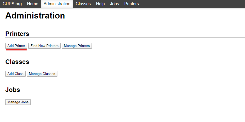 Accessing CUPS admin tool