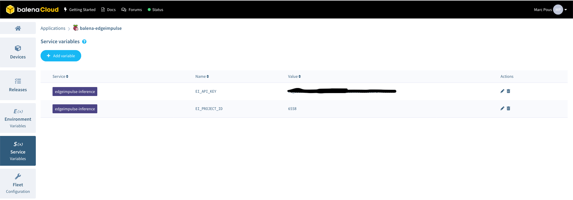 Add the API key to your balenaCloud Service Variables