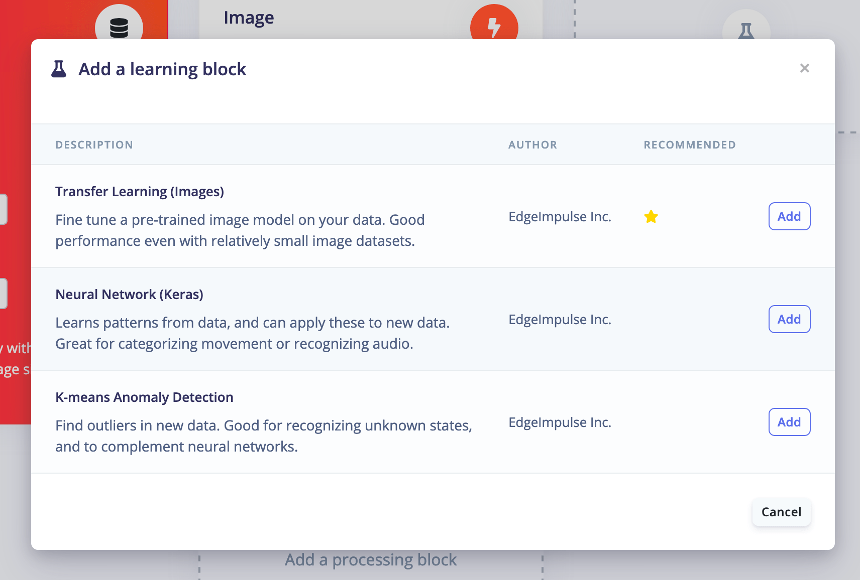 Add an Edge Impulse learning block
