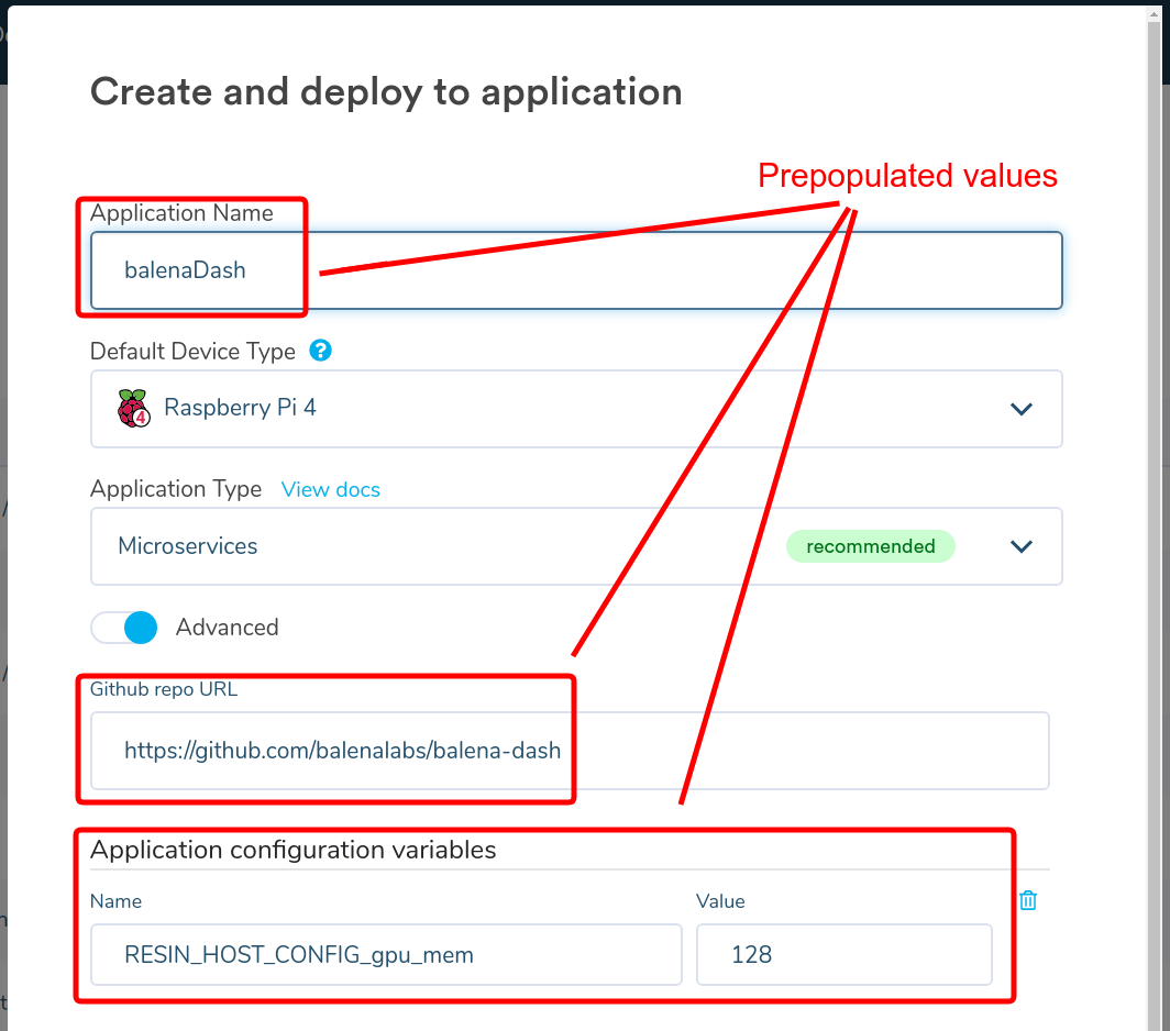 Preconfigured application settings shown here