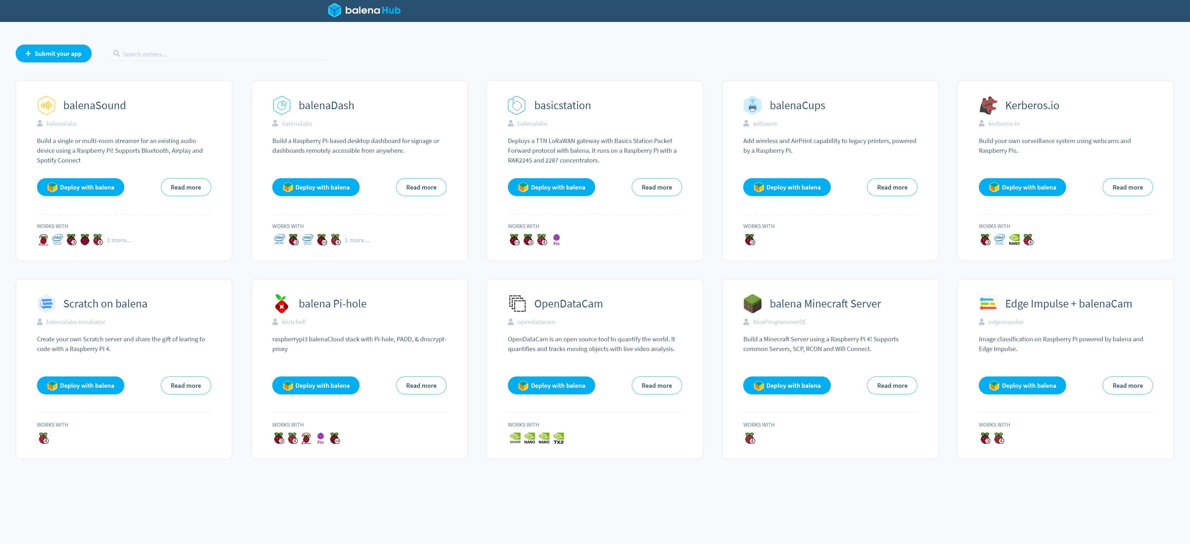 Here's balenaHub with its first set of projects